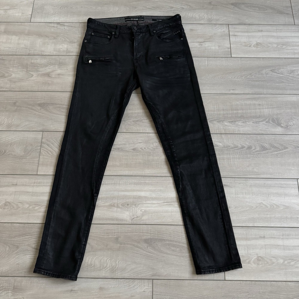 Guess Jeans Men's Size 32 Black Moto Zip Slim Tapered Coated, Waxed Look Finish
